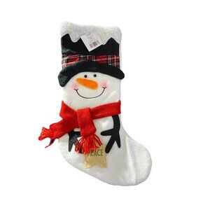 Hobby Lobby White Felt Snowman 20” Christmas Stocking Plaid Red Scarf Peace